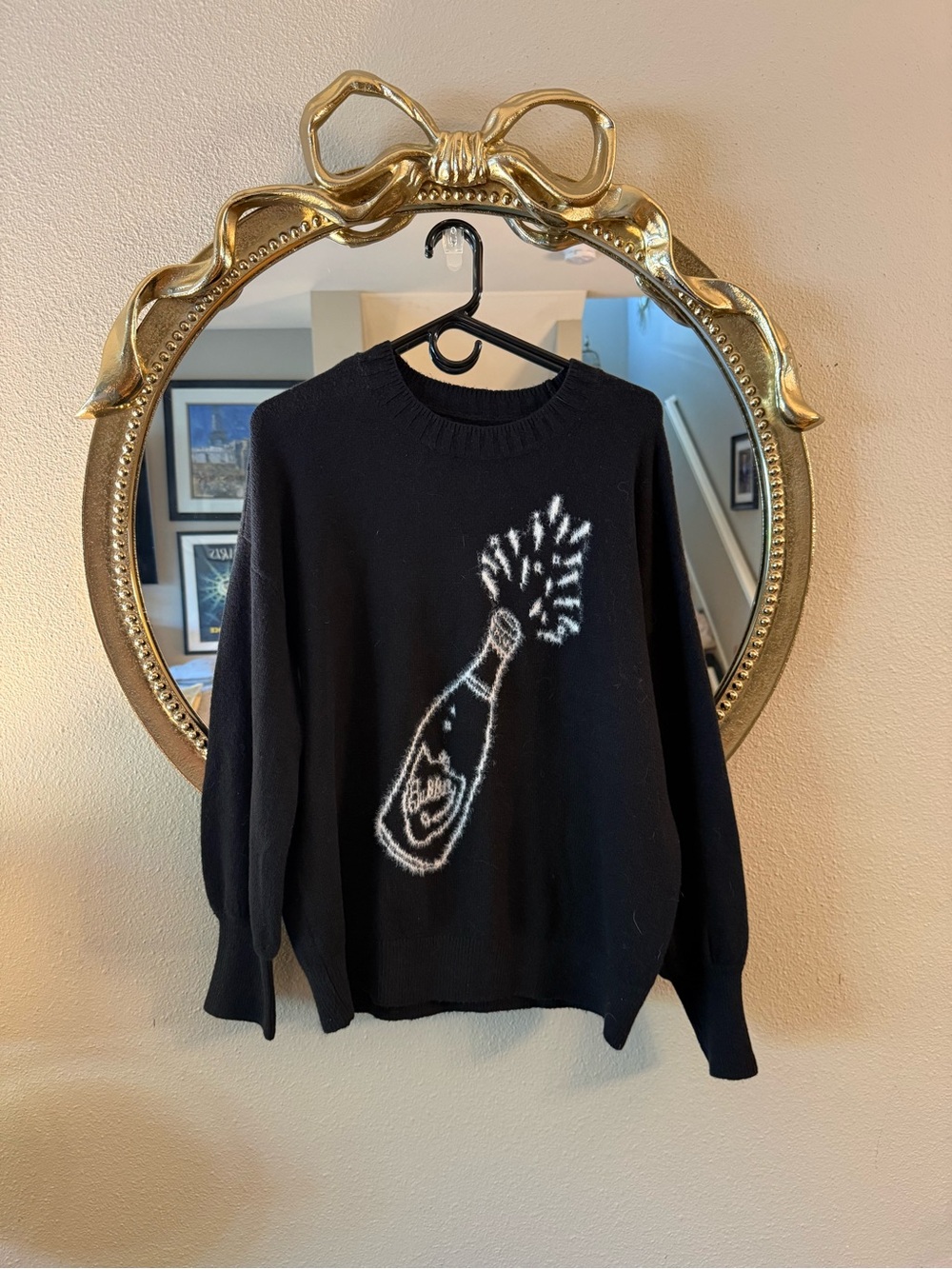 LOFT Black Crewneck Sweater with White Champagne Bottle Motif